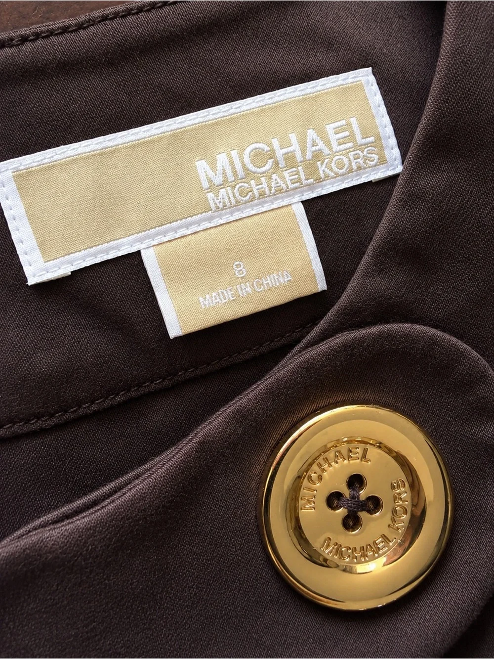 Michael Kors Brown Sleeveless Mini Dress with Gold Button size 8